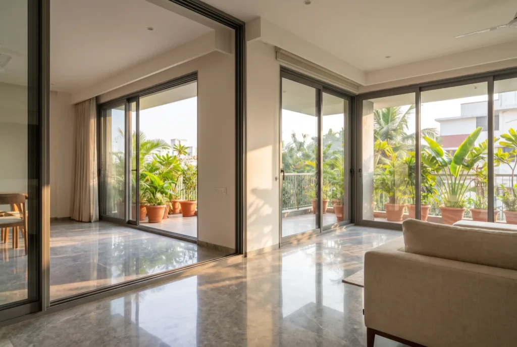 Full-height slim-framed aluminium sliding doors opening onto a planted balcony in a modern Indian apartment