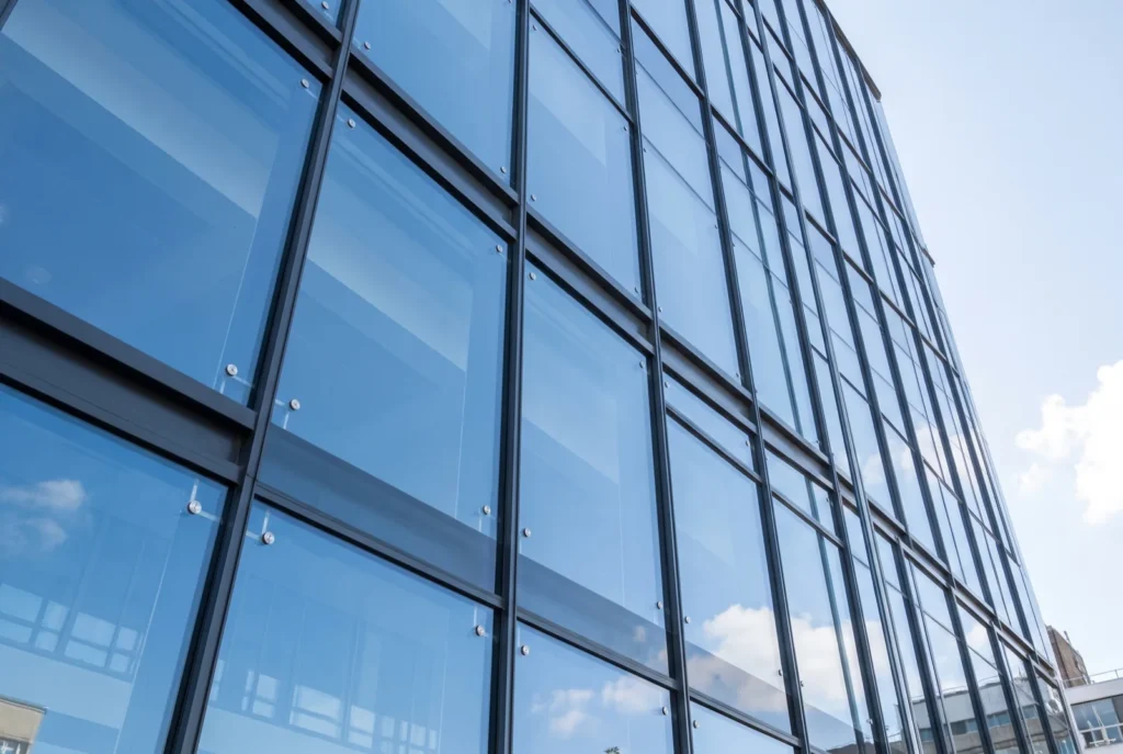 Structural glass curtain wall facade with slim dark aluminium mullions reflecting blue sky and clouds