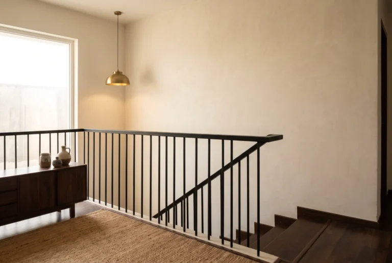 Slim matte black mild steel balusters and a flat steel top rail along an upper-floor landing with dark timber treads
