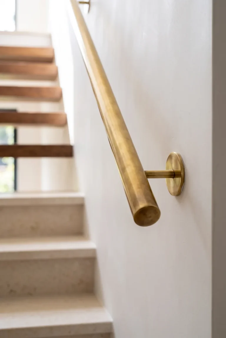 Close detail of a round polished brass staircase handrail on a slim brass wall bracket against a white plastered wall