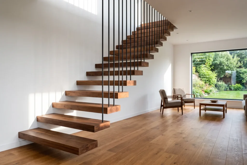 Cantilevered floating staircase with solid walnut treads and slim black rod balusters in a living room