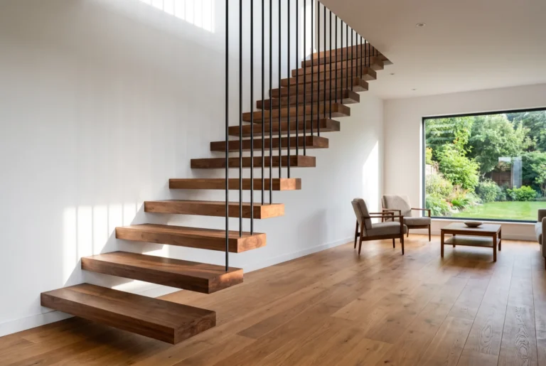 Cantilevered floating staircase with solid walnut treads and slim black rod balusters in a living room