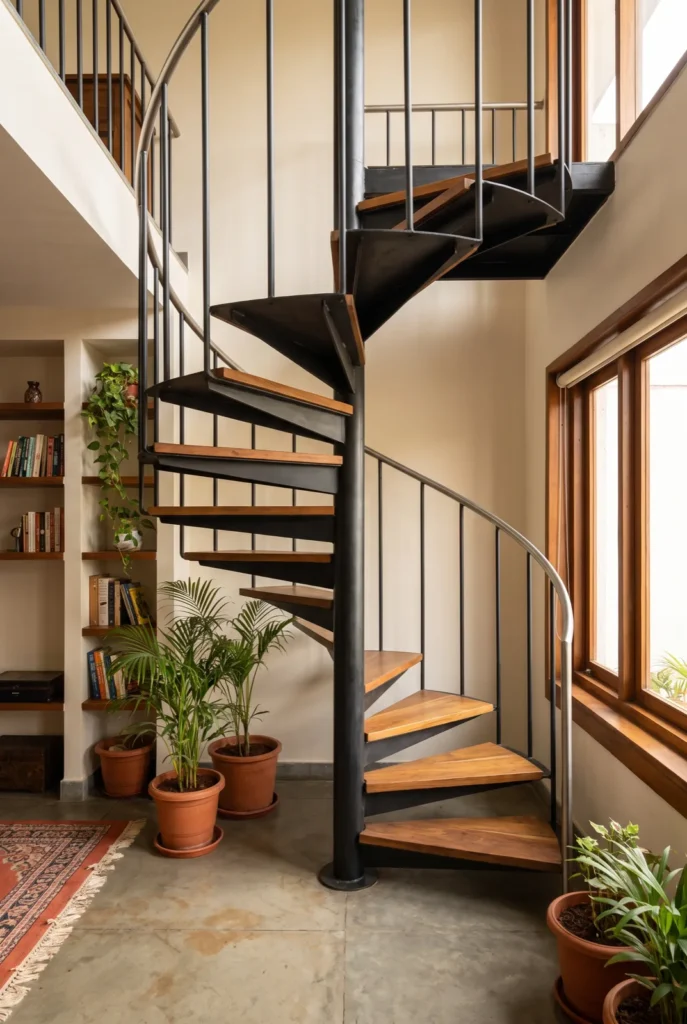 Compact steel spiral staircase with teak treads leading to a mezzanine in an Indian home with potted plants and bookshelves