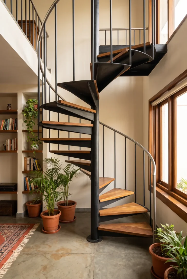Compact steel spiral staircase with teak treads leading to a mezzanine in an Indian home with potted plants and bookshelves
