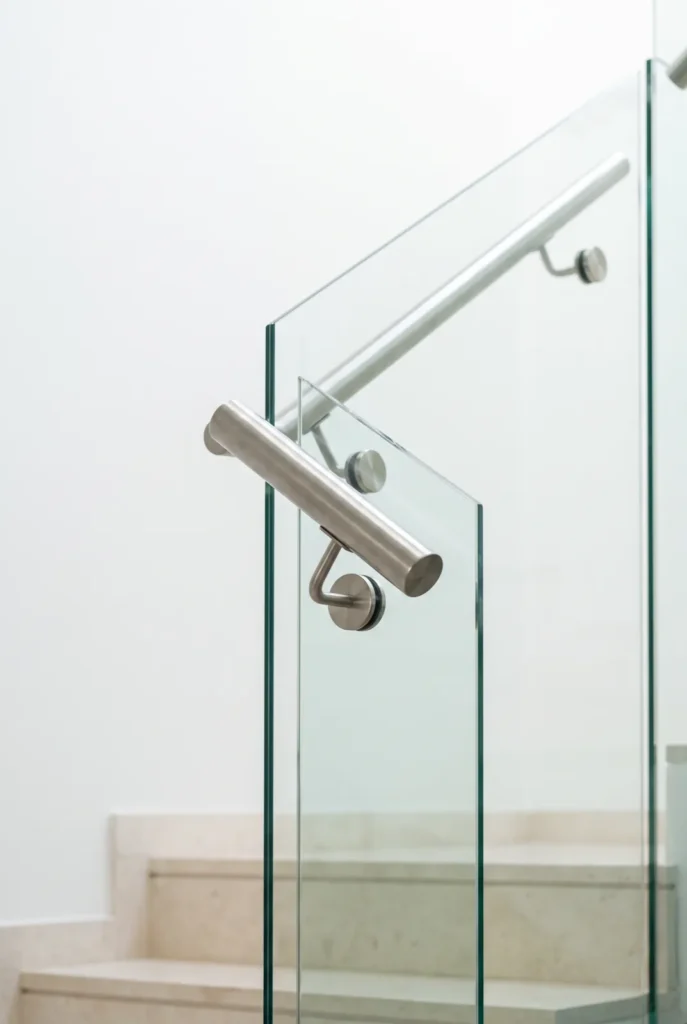 Close detail of a frameless glass staircase balustrade with a brushed stainless steel handrail and round standoff fittings