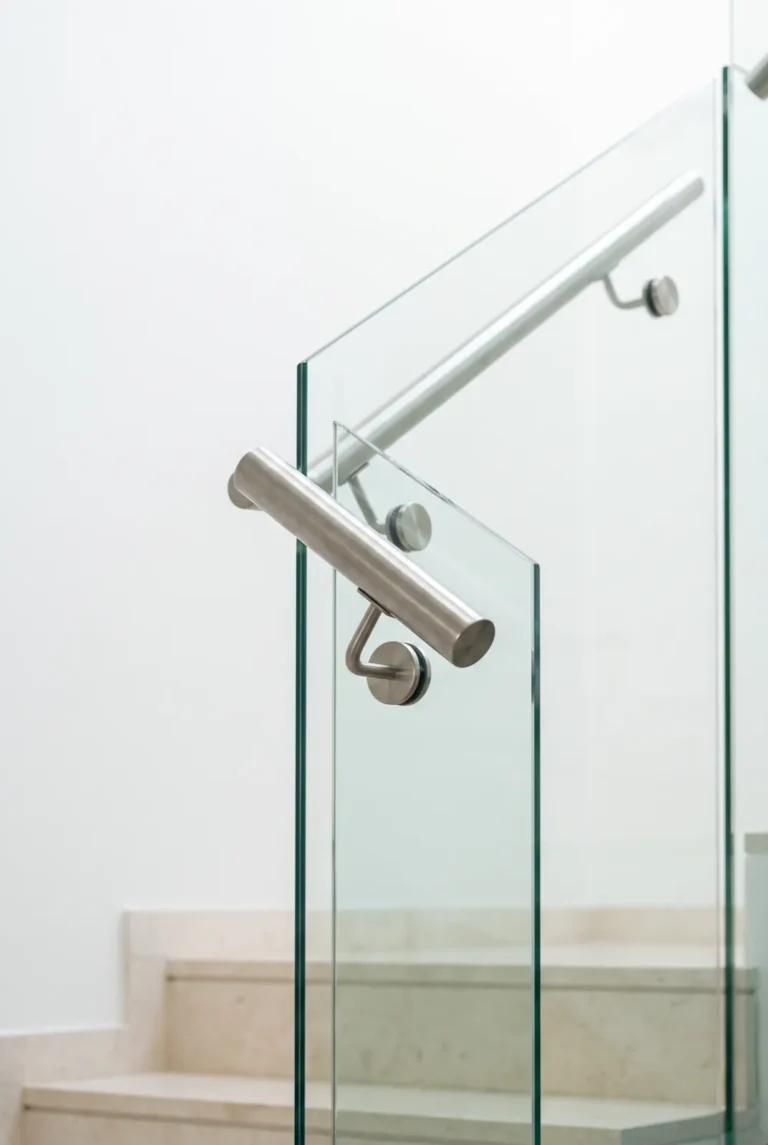 Close detail of a frameless glass staircase balustrade with a brushed stainless steel handrail and round standoff fittings