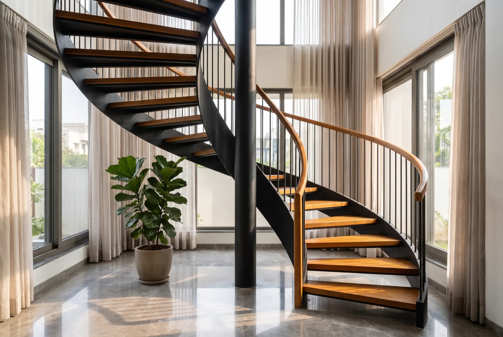 Spiral staircase with a blackened steel centre column, solid teak treads and a curved timber handrail in a double-height Indian home