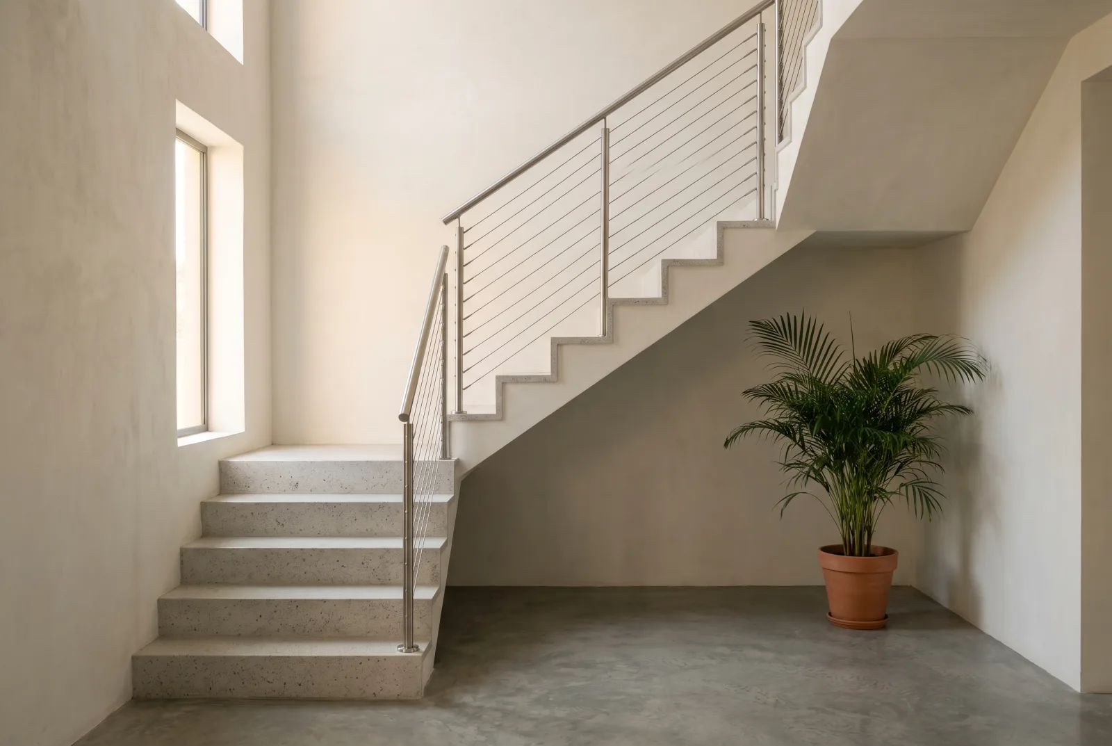 Staircase with a horizontal stainless steel cable railing and pale terrazzo treads in a bright double-height stairwell