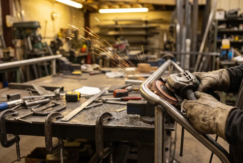 Gloved hands finishing a stainless steel handrail joint with an angle grinder on a workshop bench