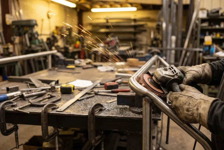 Gloved hands finishing a stainless steel handrail joint with an angle grinder on a workshop bench