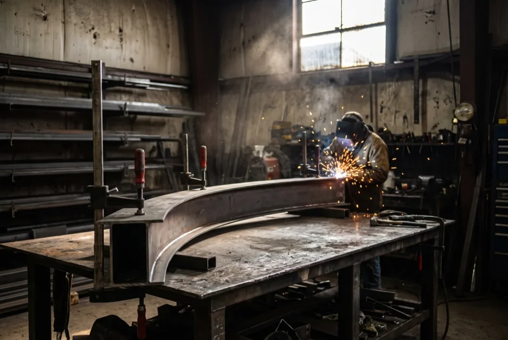 Curved steel staircase stringer clamped on a workbench being welded in a metal fabrication workshop
