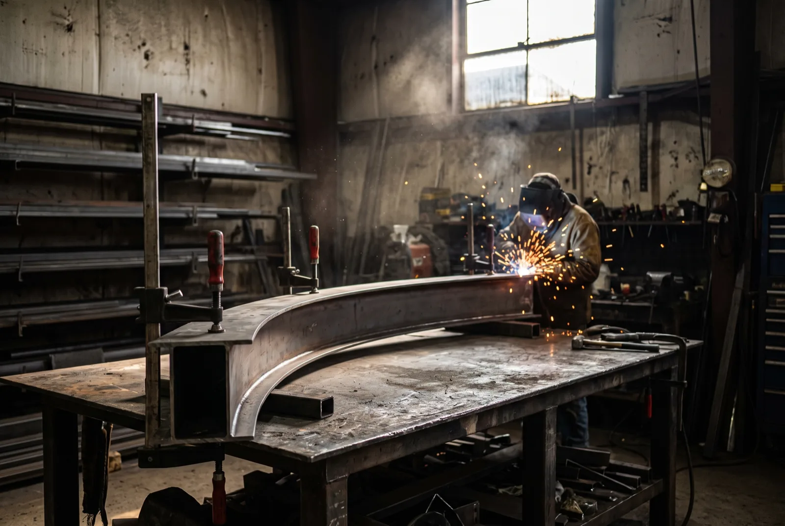 Curved steel staircase stringer clamped on a workbench being welded in a metal fabrication workshop