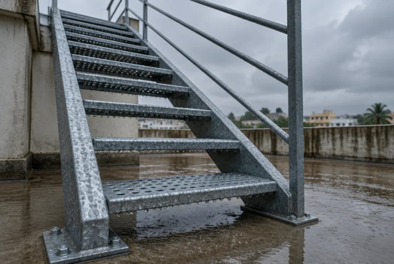 Hot dip galvanised external steel staircase with perforated treads and base plates on a wet terrace during the monsoon