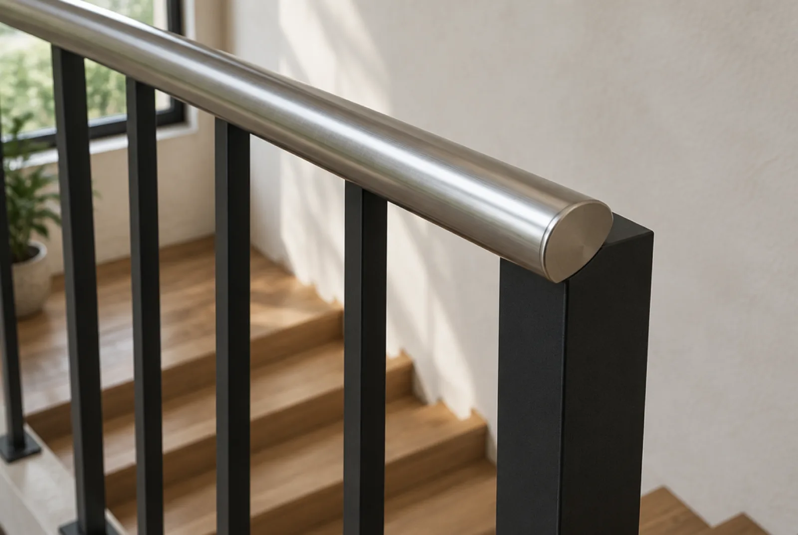 Brushed satin stainless steel handrail meeting a matte black mild steel post and balusters on an internal staircase